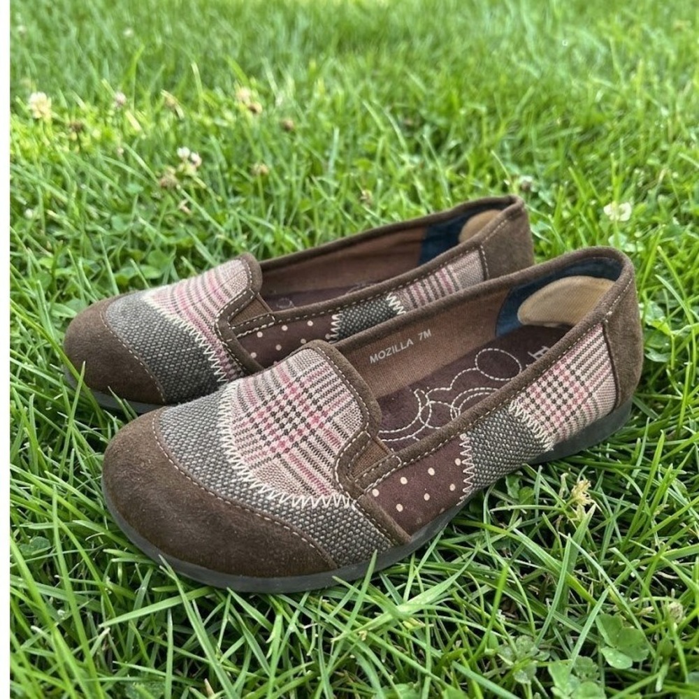 Retro Whimsy Fairycore Brown Patchwork Plaid Slip On Flats Shoes Size 7